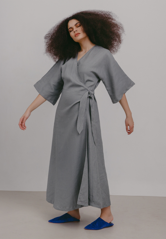 Vera Linen Robe Dress - Sage Gray