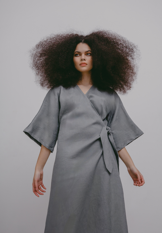 Vera Linen Robe Dress - Sage Gray